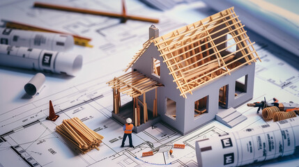 "Construction project in progress as workers build a house on blueprints, showcasing teamwork and development in the construction industry