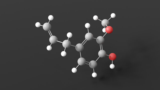 eugenol molecule 3d, molecular structure, ball and stick model, structural chemical formula guaiacol