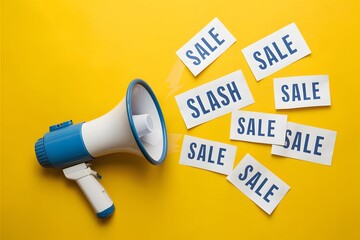 Fototapeta premium Vibrant yellow background, blue megaphone emits FLASH SALE papers, suggesting urgency