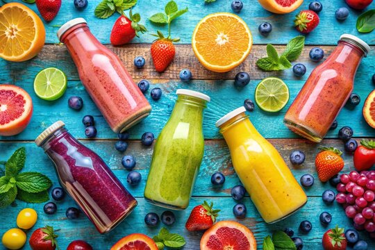 Smothies in bottles with fresh fruits on blue background, top view