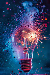 High speed studio photography, moment of the impact of a bullet on a classic electric bulb. Detail of glass explosion, blue and purple lighting. Concept of obsolete energy