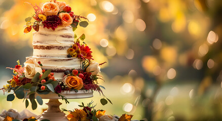 Vibrant autumn wedding cake with floral decor