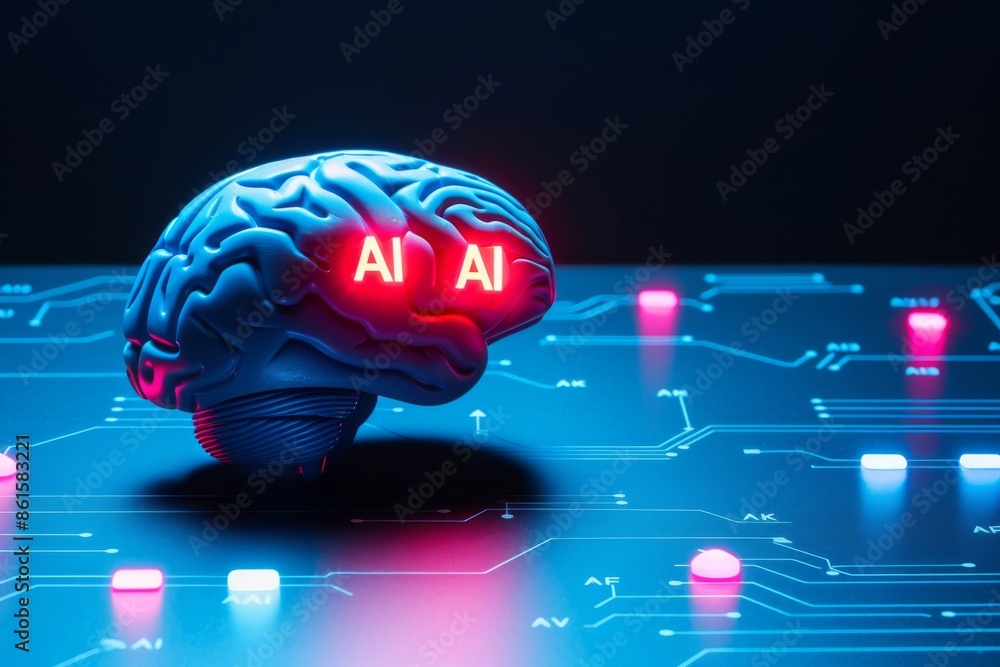 Poster futuristic neon lit brain model with ai integration on a digital background, symbolizing the cutting