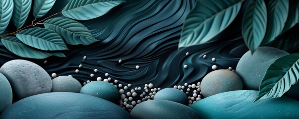 Abstract nature-inspired background with leaves, stones, and flowing