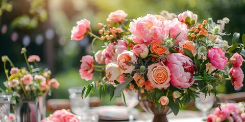 Obraz premium Rustic English Countryside Wedding with Peony Floral Decor in a Garden. Concept English Countryside Wedding, Rustic Theme, Peony Floral Decor, Garden Venue