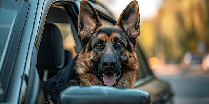German Shepherd in police car embodies loyalty and law enforcement companionship. Concept Loyalty, Police Dogs, K-9 Unit, German Shepherd, Law Enforcement