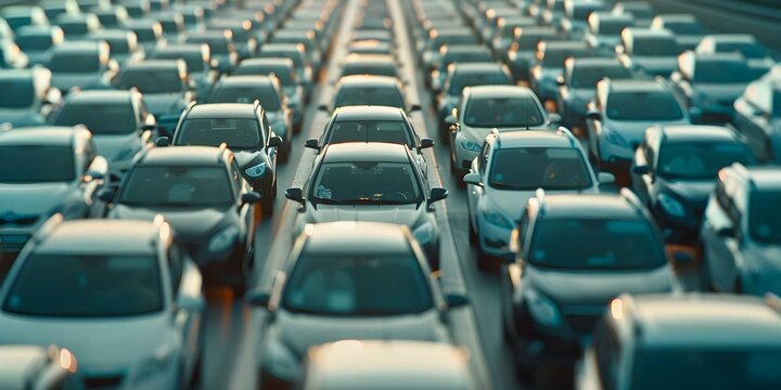 Managing Traffic congestion on a busy highway to reduce long queues and frustration. Concept Traffic management, Highway congestion, Queue reduction, Frustration alleviation