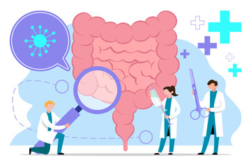 Medical health care. Human intestine  vector. Doctor check and treat intestine .Health care and digestive system health treatment .Modern process Intestinal inner organs disease treatment design.