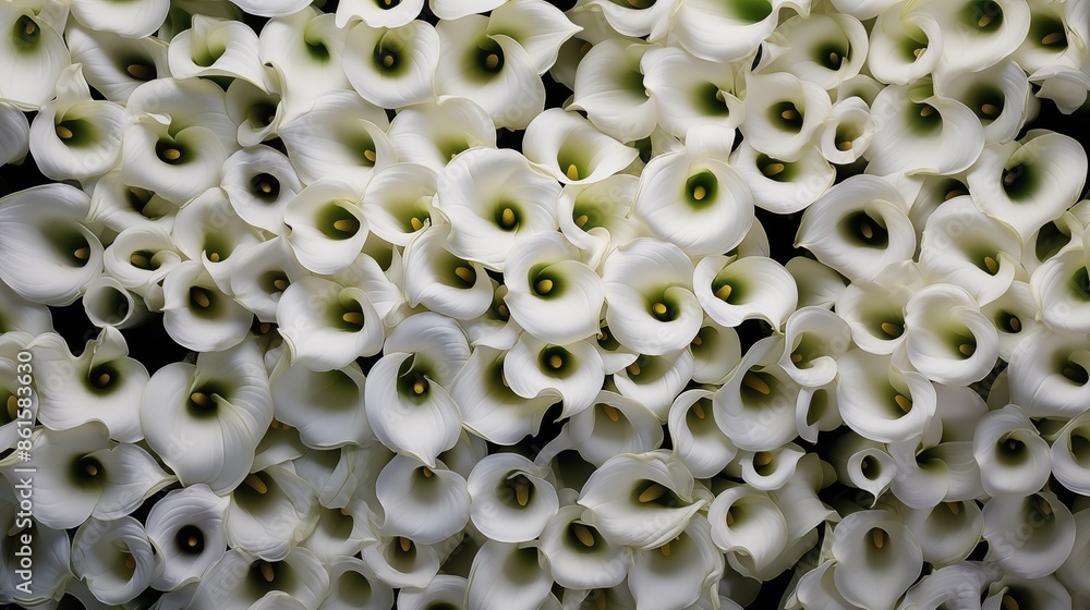 Poster many calla lily flowers bouquet pattern. a close-up view of numerous white calla lilies with green c