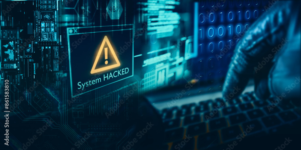 Wall mural laptop with system breach warning notice. virus, spyware, malware, or malicious software attacks on 
