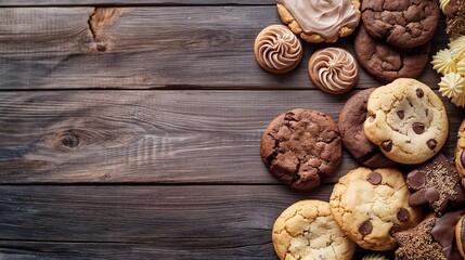 Assorted Cookies and Cupcakes on Wooden Table Background