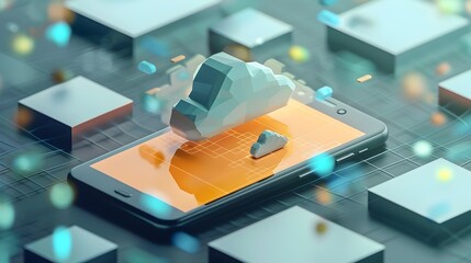 Isometric 3D Data Transfer Icon on Smartphone Syncing with Cloud Storage