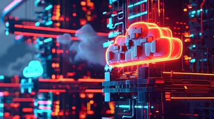 Futuristic Layered 3D Cloud Download Icon on Wireless Mobile Network