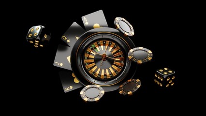 Casino chips, cubes, roulette, drum  on dark black background - 3d render. Flying chip for online casinos and mobile gambling applications, poker - winner, wealth concept. 