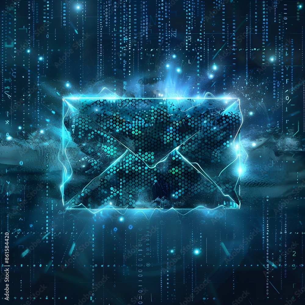 Poster email icon enveloped in a digital storm with binary code backdrop conceptualizing online communicati