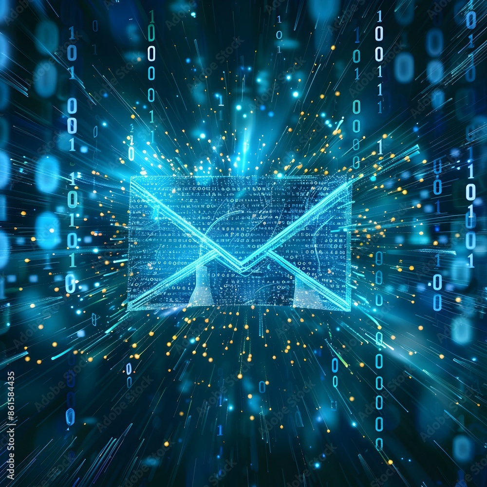 Poster digital email icon in a binary code storm cyber technology concept