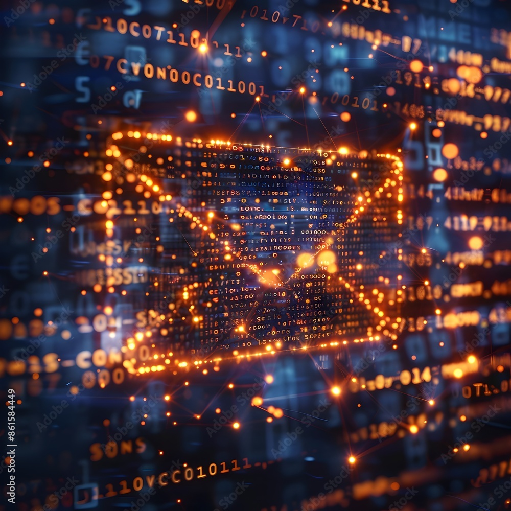 Poster digital storm enveloping email icon surrounded by binary code