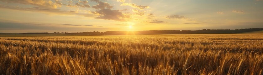 Fototapeta premium Beautiful sunset over a golden wheat field, showcasing the serene and tranquil beauty of nature during harvest season.