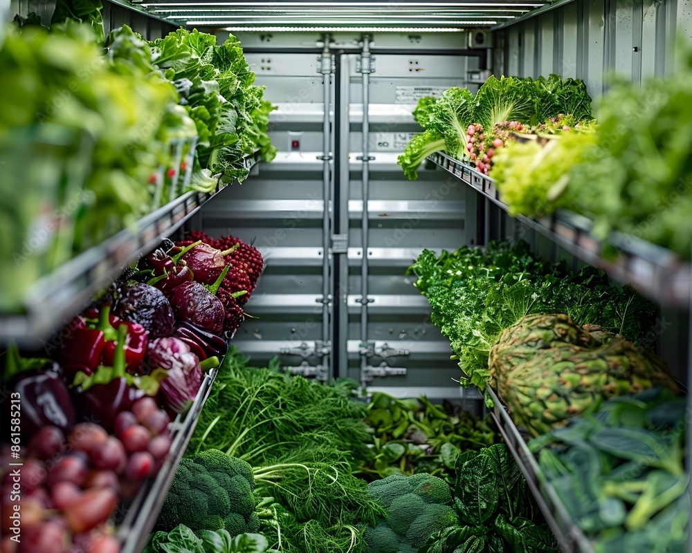Poster vertical farming setup in shipping container filled with fresh produce for efficient and portable ag
