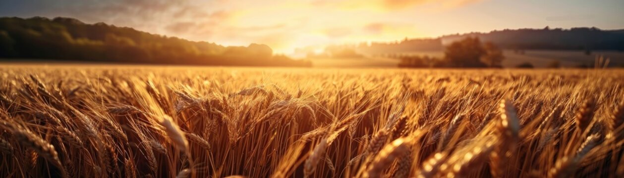 Golden wheat field at sunset with a beautiful sunlit horizon, depicting tranquility and the beauty of nature's landscape.