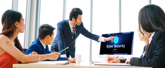 Cyber security system on computer screen protect private information snugly from hacker and cyber...
