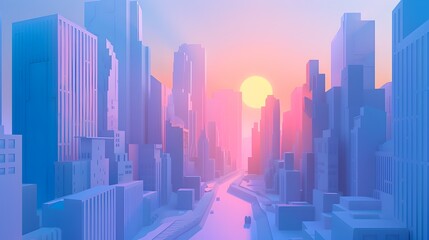 Minimalist Digital Papercut City Skyline at Sunrise with Geometric Shapes and Abstract Architecture