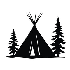 A black teepee tent with pine trees in the background © tinybrushcreations