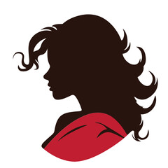A silhouette of a woman's head with long, wavy hair and a red scarf or shawl