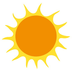 A bright orange sun with yellow rays emanating outwards against a white background