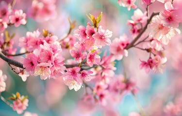 Fototapeta premium Delicate pink cherry blossoms against a soft, blurred background.