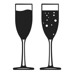 Two champagne glasses, one filled with bubbles and the other empty