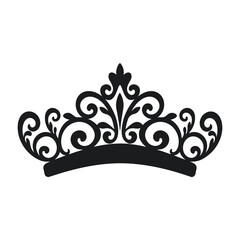 A black silhouette of an ornate crown or tiara with swirling, decorative patterns © tinybrushcreations