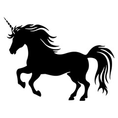 A black silhouette of a unicorn with a flowing mane and horn, standing in profile