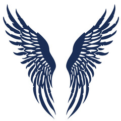 A pair of large, detailed dark blue angel wings spread out against a white background
