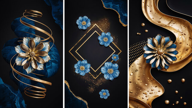 Triptych with blue flowers and textured gold ornamentation. Three paintings with Metallic Floral composition and Sophisticated Details.