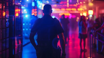 Mysterious Bouncer at Vibrant Nightclub Entrance with Blurred Colorful Lights
