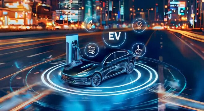 A car charging at an electric vehicle surrounded by digital EV icons