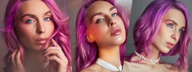 Close-up portrait of a woman with bright pink hair, wearing natural makeup and a white choker necklace