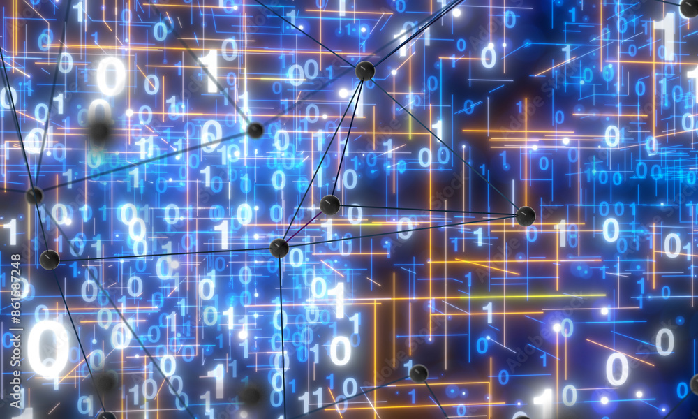 Poster Neural network 3D illustration. Big data and cybersecurity