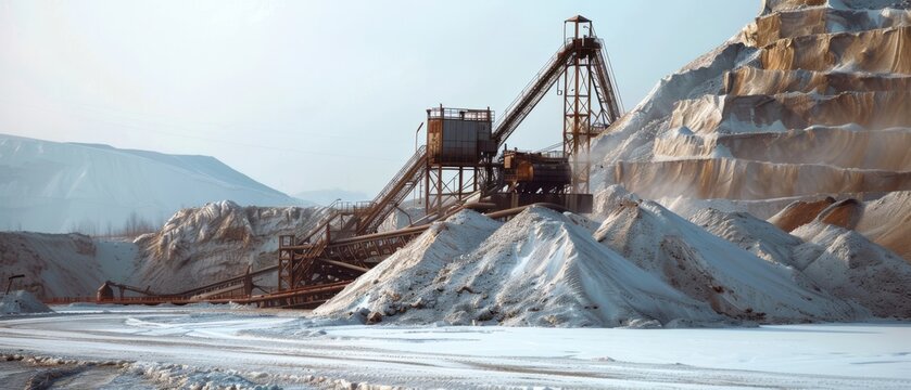 A potash mining site featuring large industrial machinery and stratified mineral deposits. Highlights the expansive mining terrain with varied mineral colors and textures