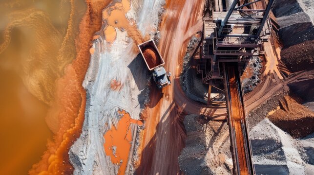Aerial view of a potash mining site featuring industrial machinery, a dump truck, and colorful mineral deposits. Highlights the vibrant orange and white mining terrain