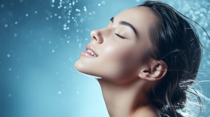 Profile of a woman with fresh, soft skin, closed eyes, and a serene expression, surrounded by water splashes against a blue background, emphasizing beauty and skincare