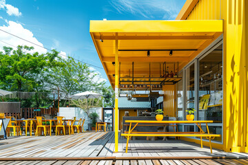 Yellow cafe or food booth or restaurant or coffee shop exterior building, outdoor with blue sky