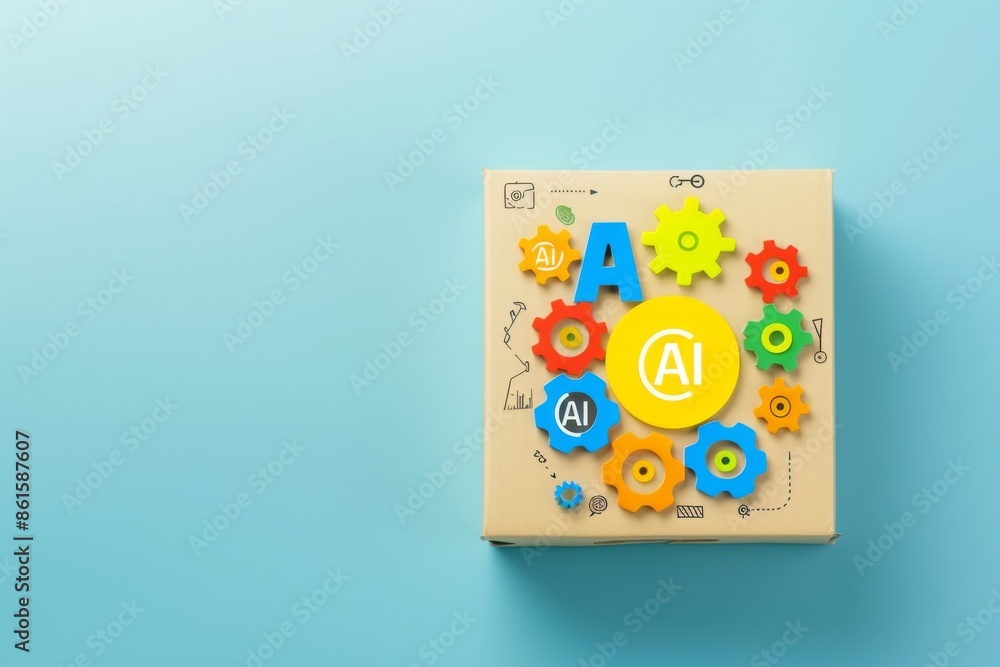 Poster ai concept with colorful gears and icons on a light blue background, symbolizing the intricate mecha