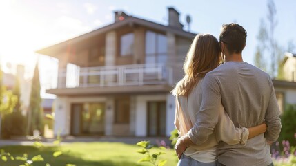 Young couple hugging and looking at their new home