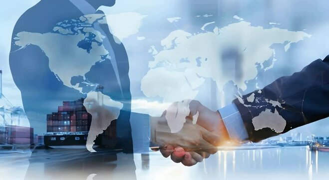 Double exposure of two businessmen handshake with world map and Industrial container cargo shipping transportation