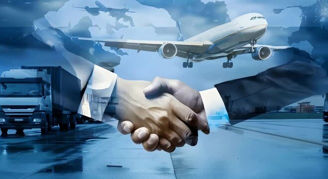 A business people shaking hands with cargo truck and plane in the background