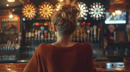 Obraz premium This image showcases a woman viewed from behind sitting at a bar, with multiple dartboards in the background, symbolizing a casual night out scene in a relaxed atmosphere.