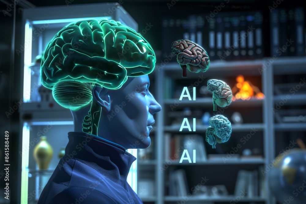 Poster Futuristic AI brain with a digital interface in a high tech environment, showcasing advanced neural networks and artificial intelligence technology