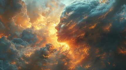 Abstract Face Formed in Dramatic Clouds With Golden Light